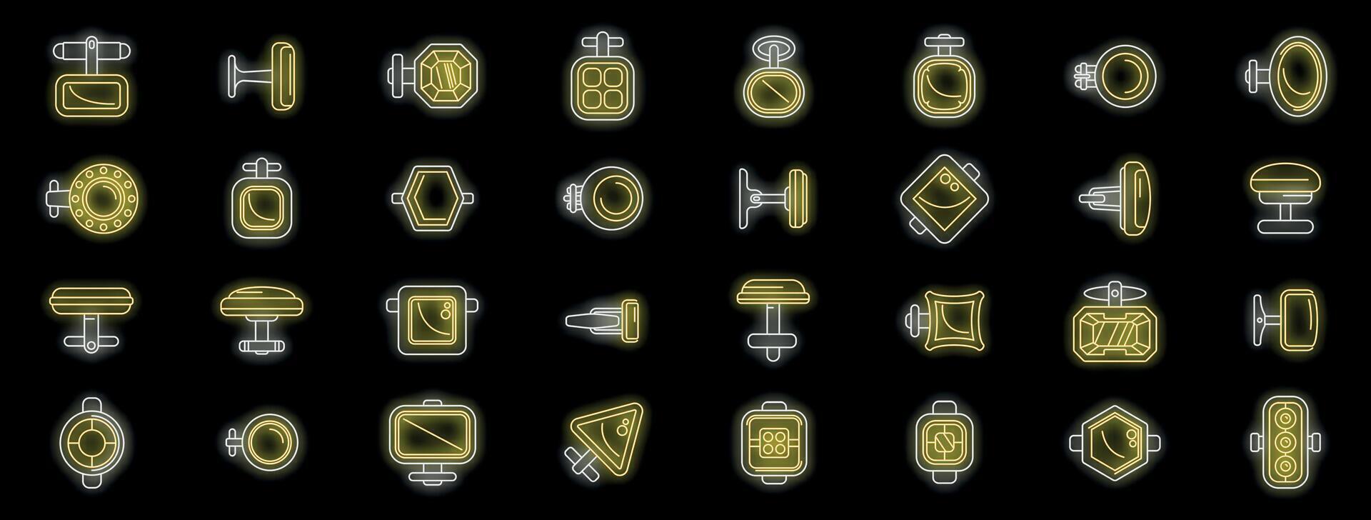 Cufflinks glowing neon icons set showing different styles and designs for formal wear vector