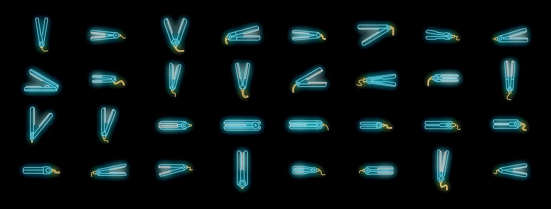 Hair straightener icons set, hair styling tool showing different positions in neon style vector