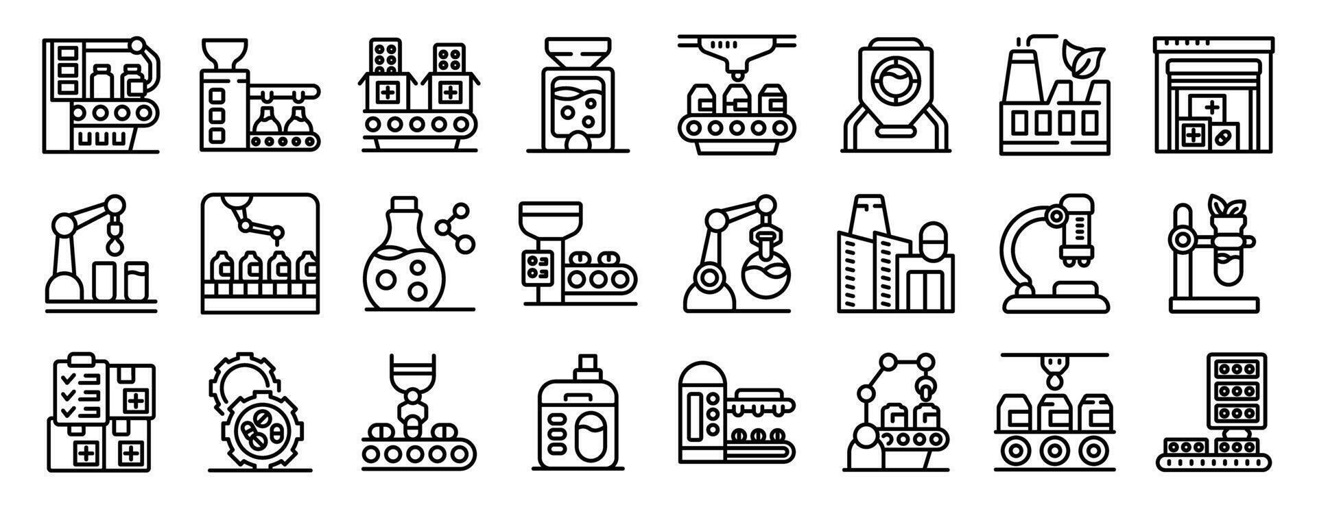 Pharmaceutical factory icons set. Pharmaceutical production line automating medicine manufacturing process with robotic arms and conveyor belts vector