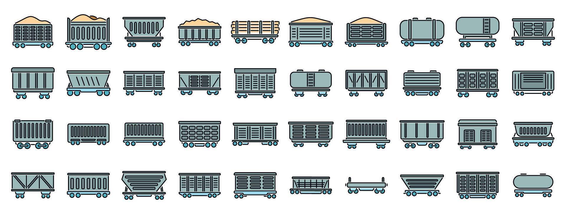 Train wagons carrying coal, wood, sand and liquids, various types of freight cars vector