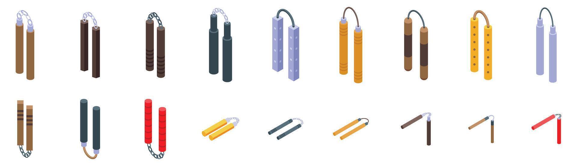 Nunchaku icons set. Nunchaku collection representing various martial arts weapons vector