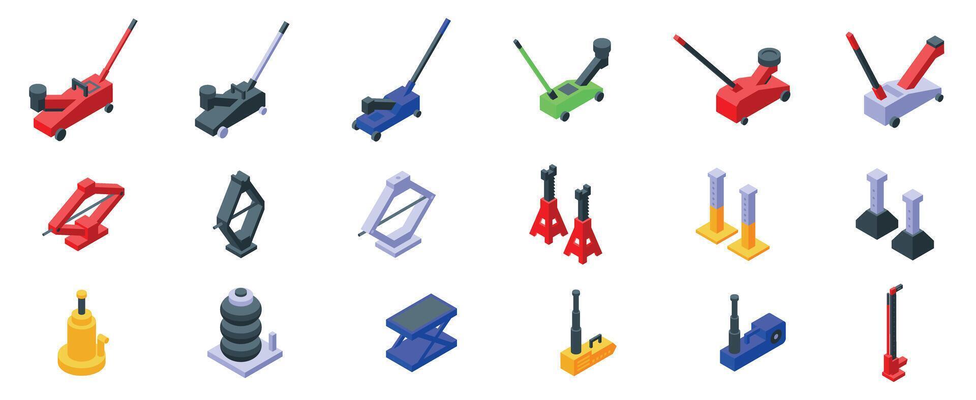Car jack icons set. Car jack lifting equipment, mechanics using hydraulic and scissor jacks for auto repair vector