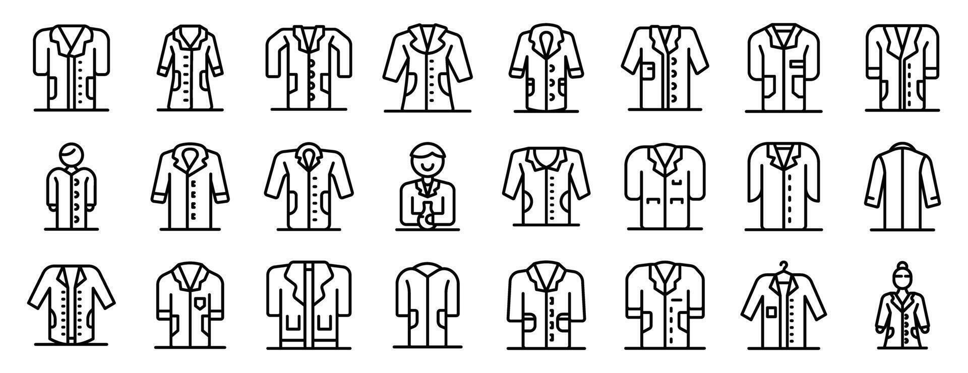 Lab coats icons set. Medical staff wearing lab coats, doctors and scientists in protective clothing vector