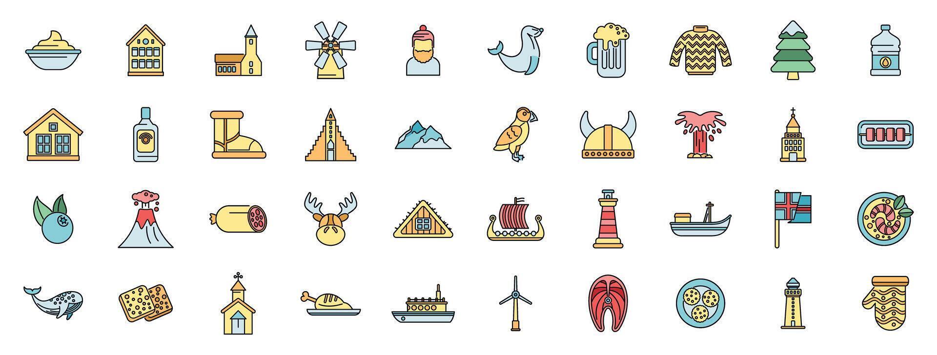 Exploring iceland, discovering icelandic culture, nature, and cuisine through vibrant icons vector