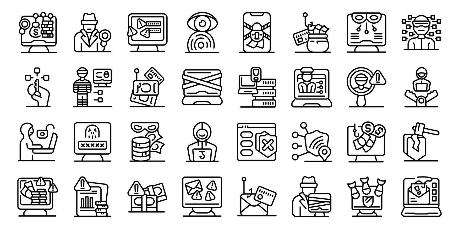 Cybercrime investigation icons set. Cyber security threats and data protection measures, safeguarding digital assets in a connected world vector