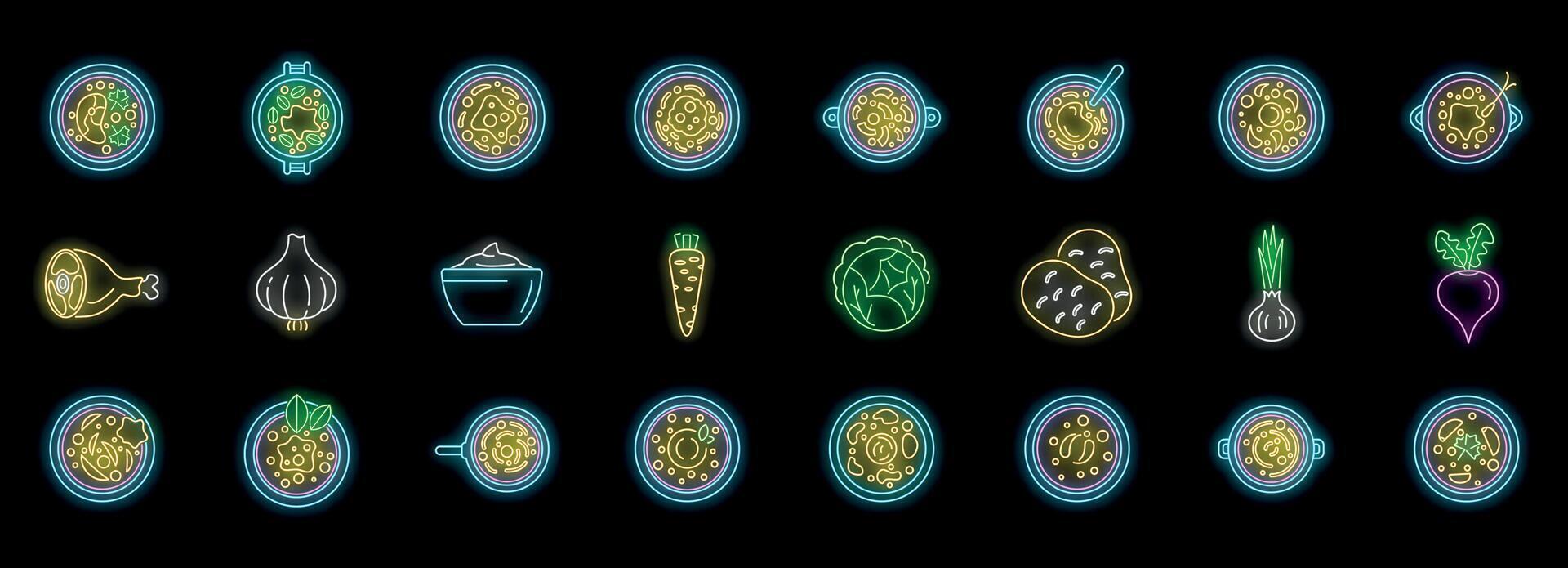 Hot soup ingredients glowing neon icons set with potatoes, carrots, cabbage, beet, onion, garlic and chicken leg vector