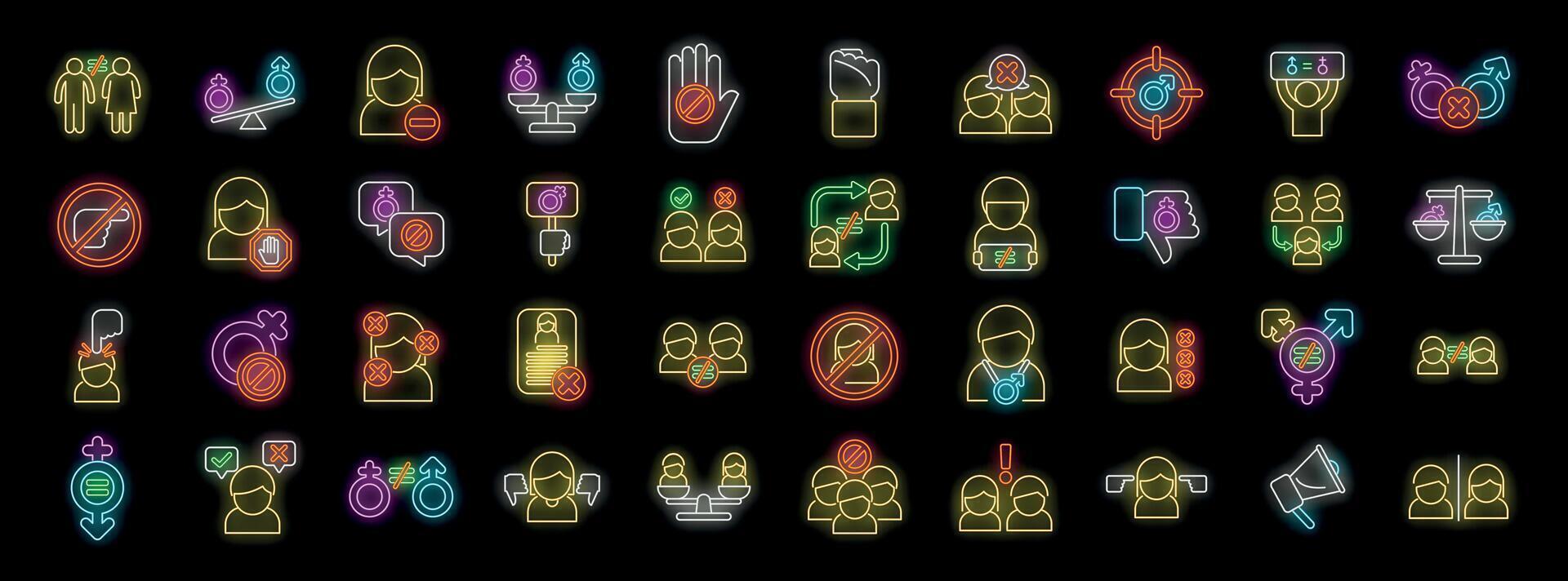 Neon icons representing gender equality, discrimination, and social issues vector