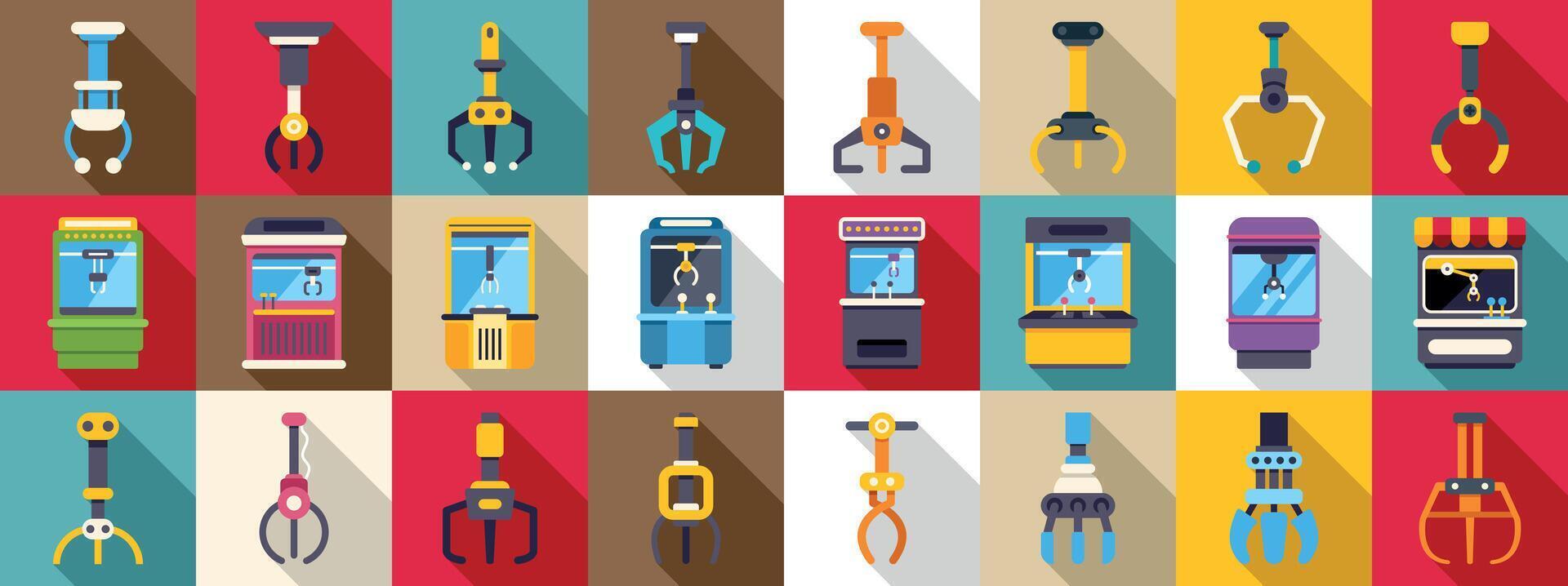 Claw machine icons in vibrant colors vector