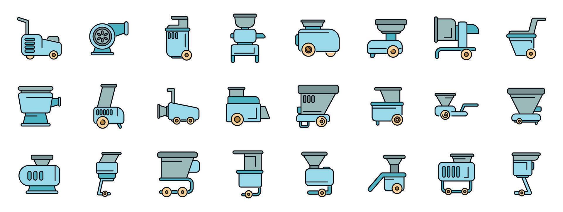 Agricultural machinery icons showing modern farming equipment for harvesting and cultivating crops vector