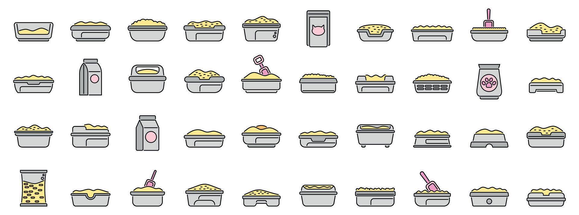 Cat litter box icons showing different types of cat toilets, sand and scoops vector
