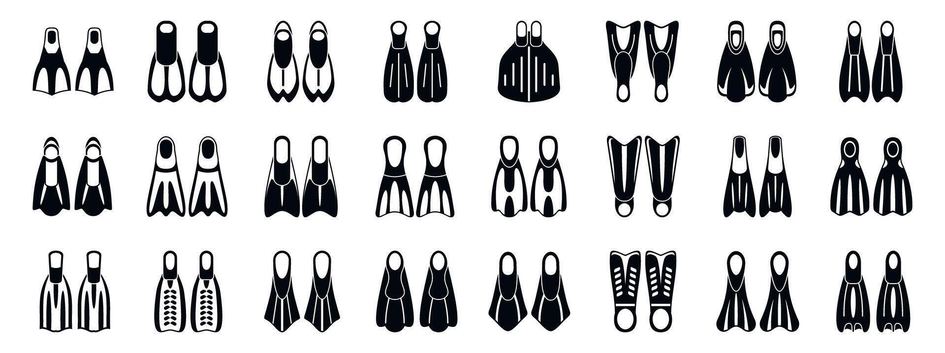 Scuba flippers icons set. Diver fins showing different shapes and sizes for swimming and diving vector