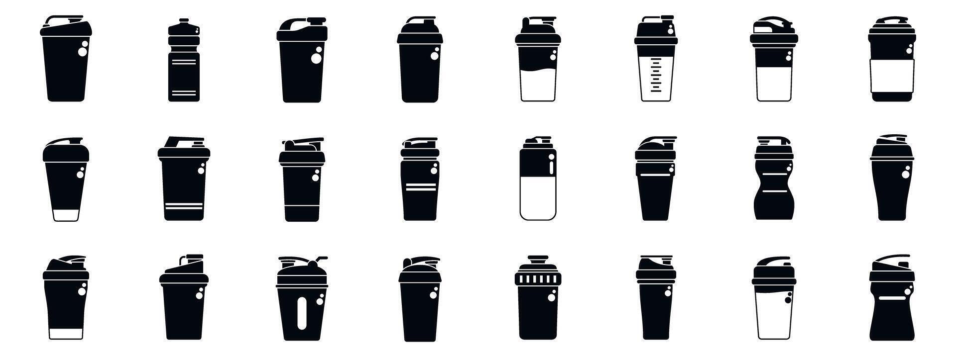Shaker protein drink icons set. Sport shaker bottle icons showing protein drinks for gym and fitness vector