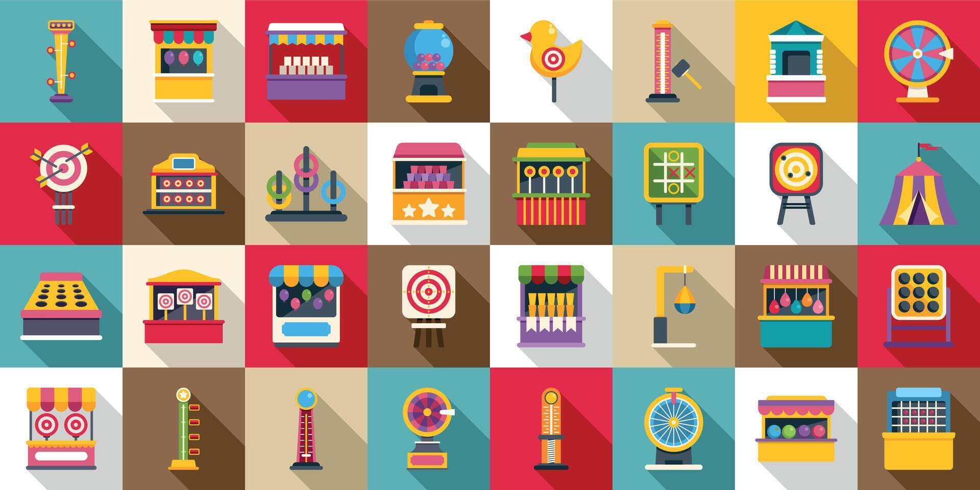 Carnival game icons set. Carnival games and attractions offering fun and entertainment for everyone vector