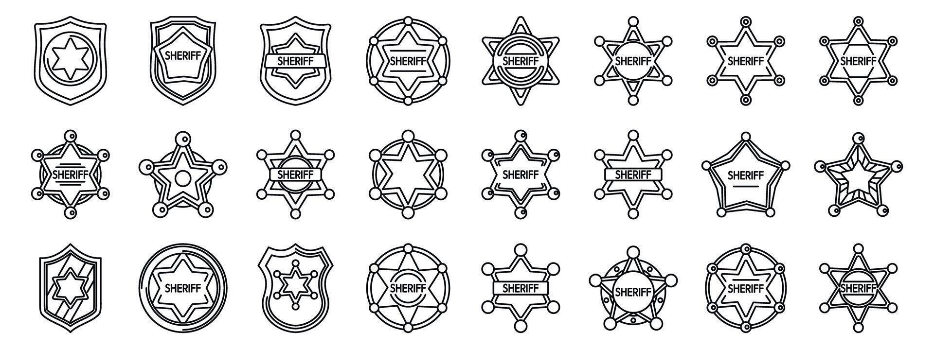 Sheriff badge icons set. Sheriff star icons showing law enforcement and wild west justice vector