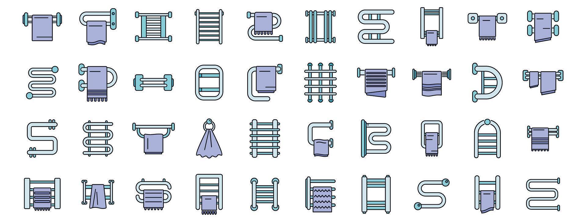 Heated towel rails keeping bathrooms warm and towels dry, different designs and styles of towel warmers for modern homes vector