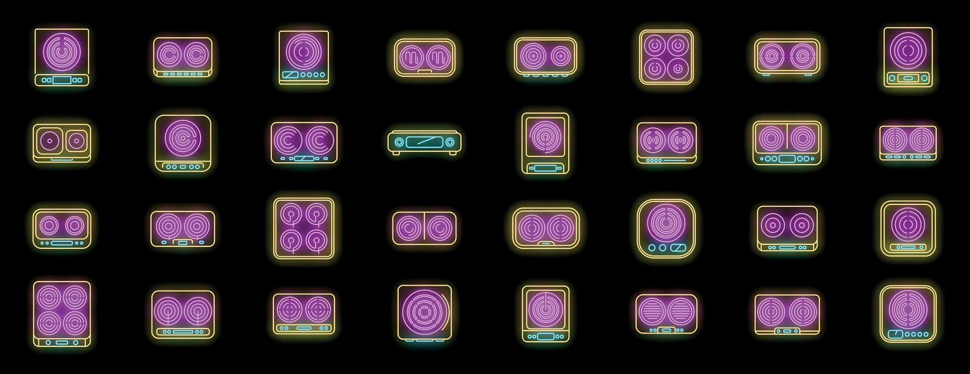 Induction cooker showing different burners configurations in neon style vector
