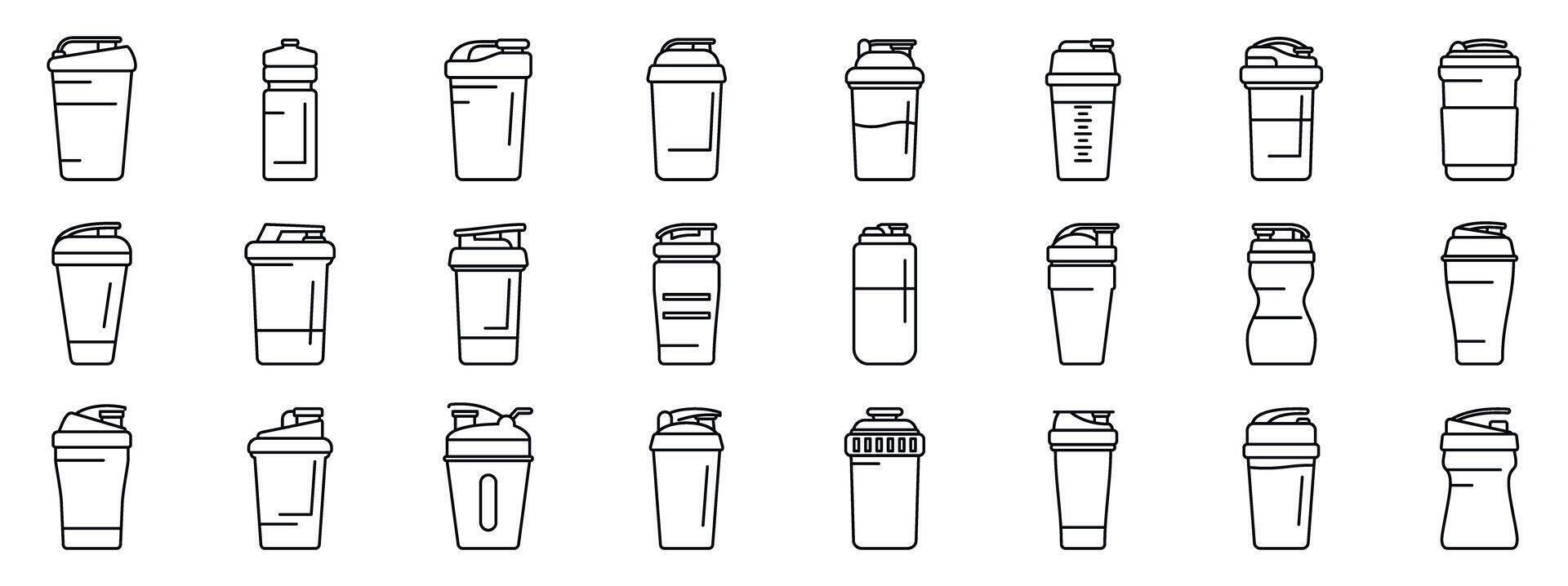 Shaker protein drink icons set. Collection of shaker bottles for protein shakes and sports nutrition vector