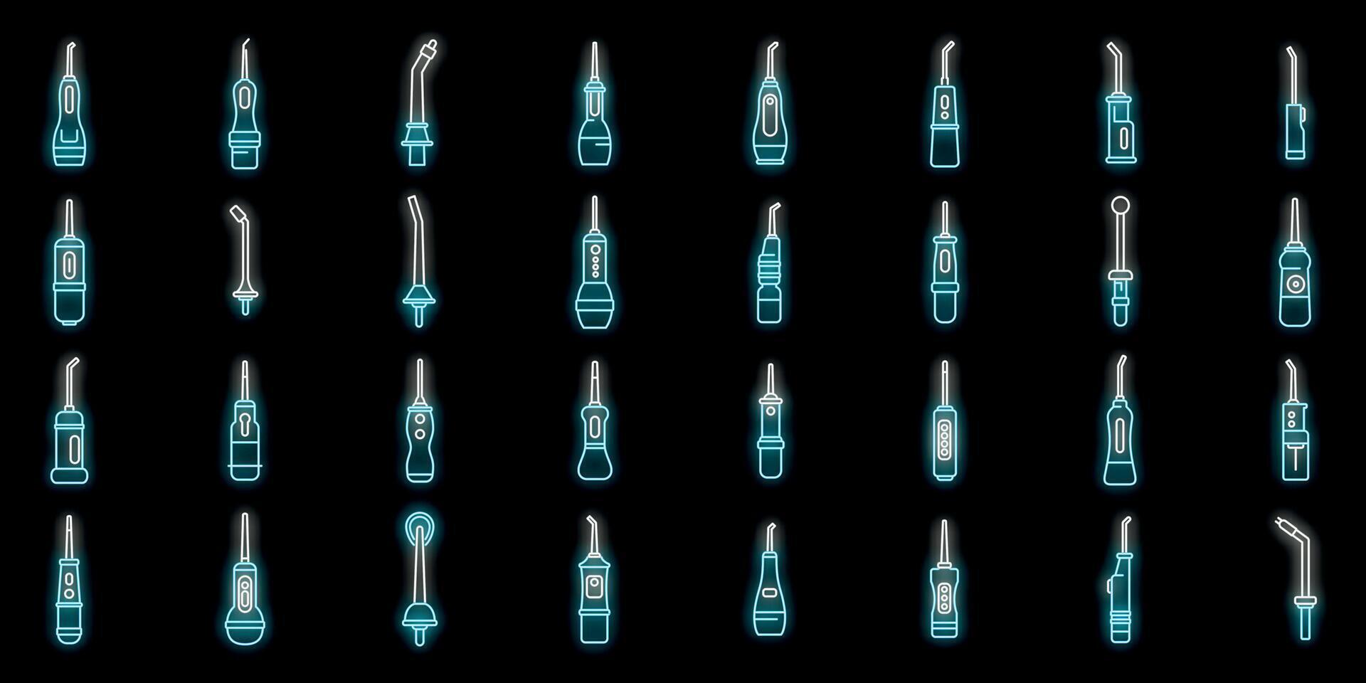 Oral irrigator preventing teeth cavities keeping hygiene glowing neon icons set vector