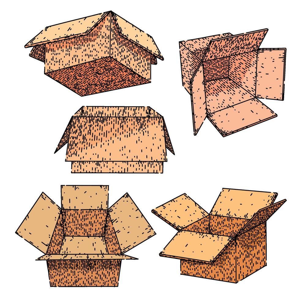 cardboard box set sketch hand drawn element vector