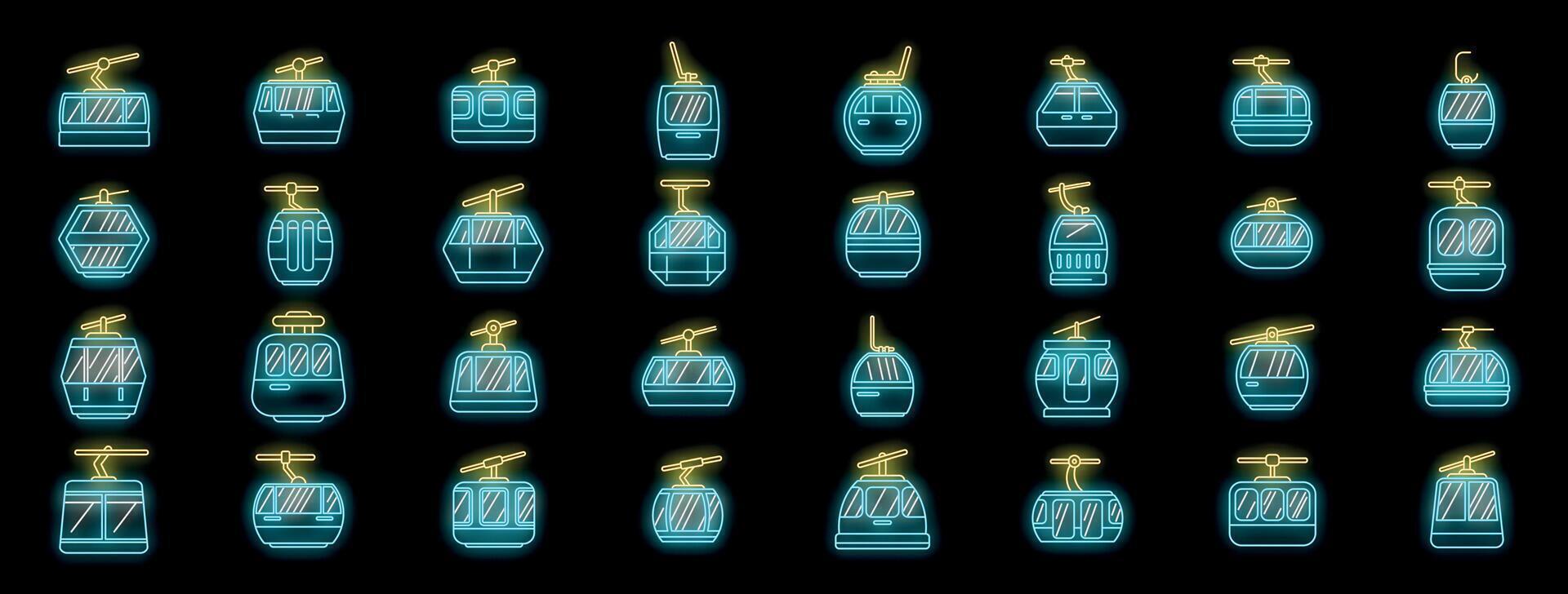 Cable car neon icons showing gondola lift and ski resort transport vector