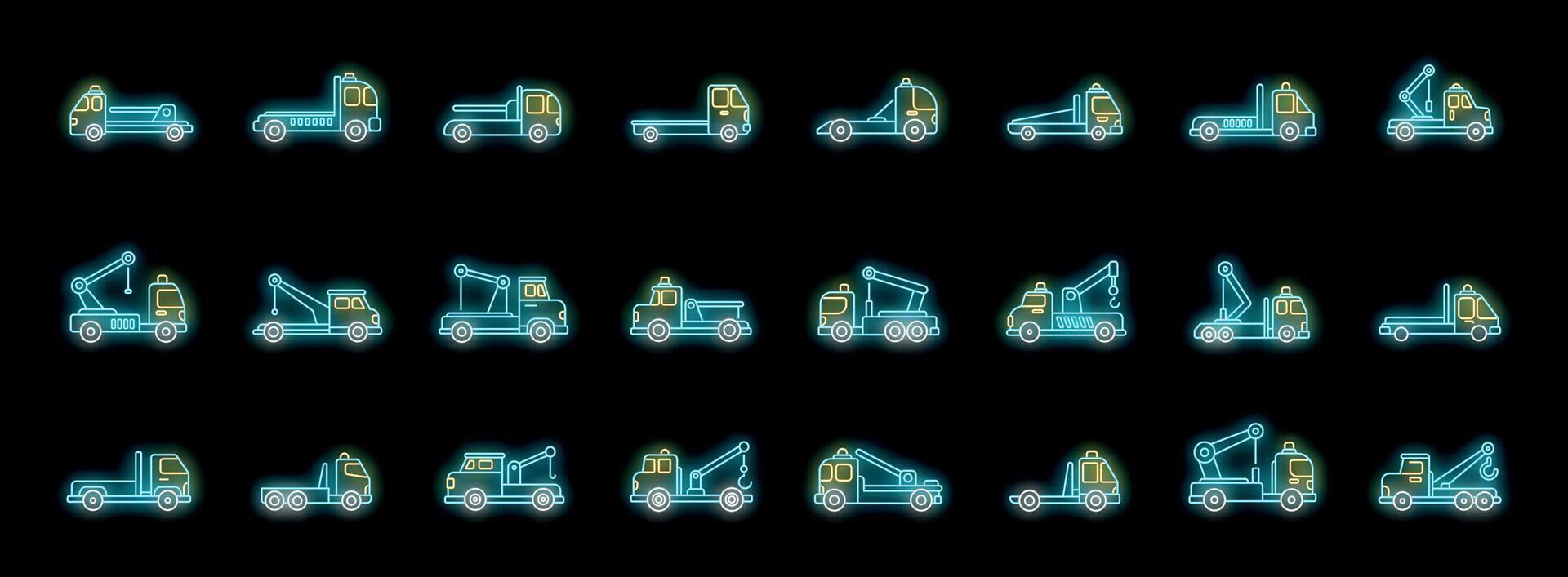 Neon tow trucks icons illuminating roadside assistance and vehicle recovery vector
