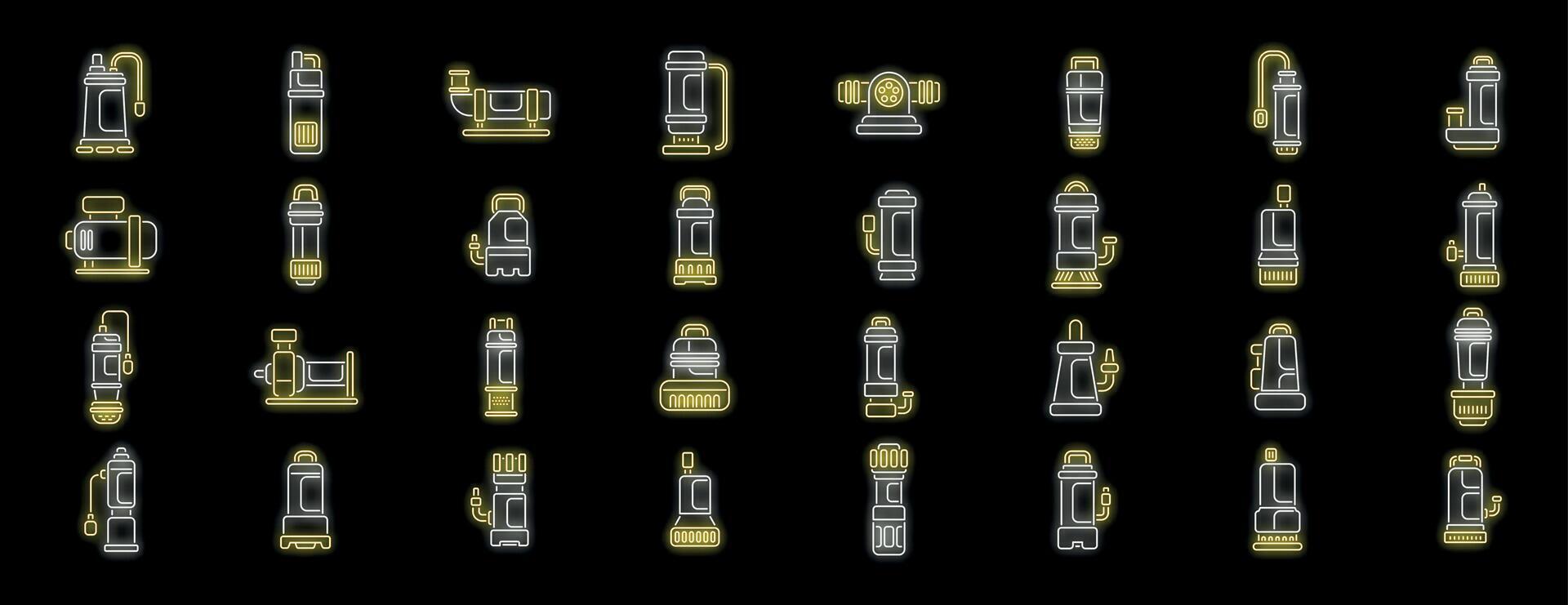 Water pump neon icons showing pumping equipment for various applications vector