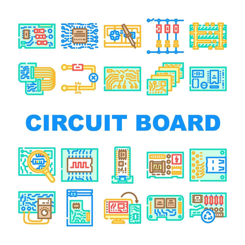 circuit board pcb microcontroller icons set badge vector