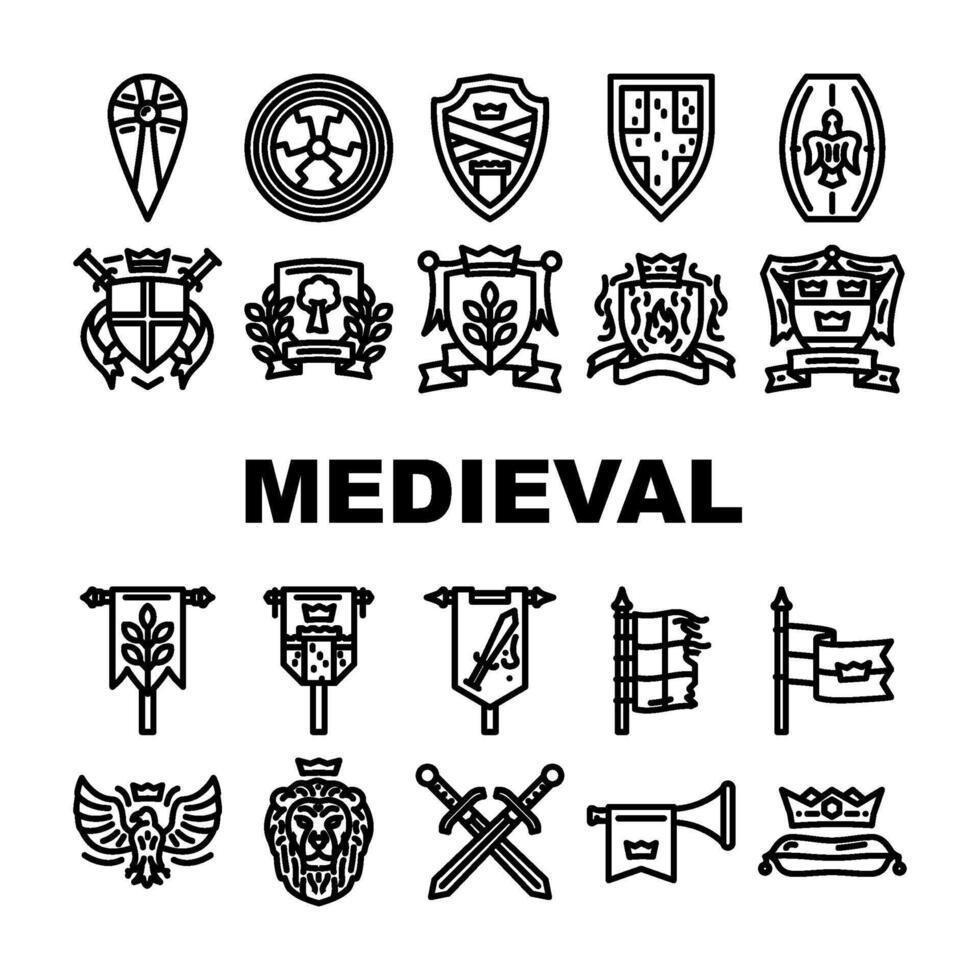 medieval heraldry arms shield, icons set badge vector