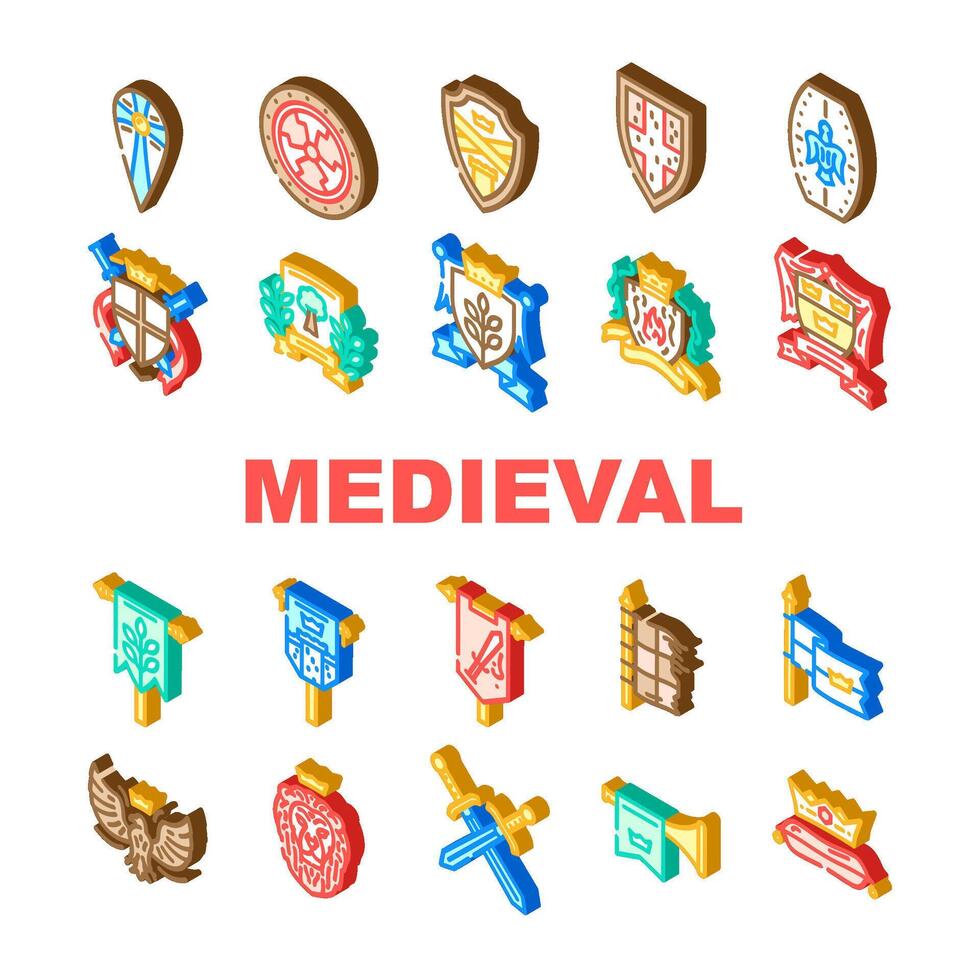 medieval heraldry arms shield, icon set figure vector