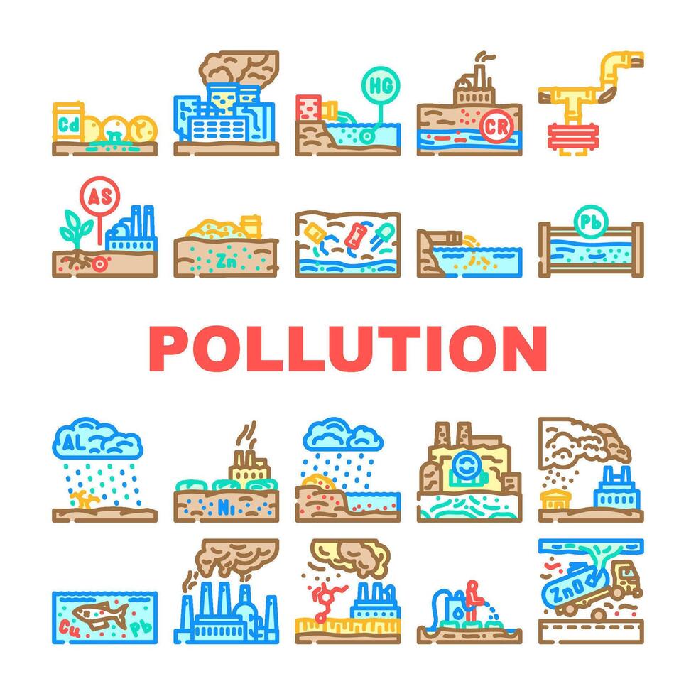 heavy metal pollution icon set figure vector