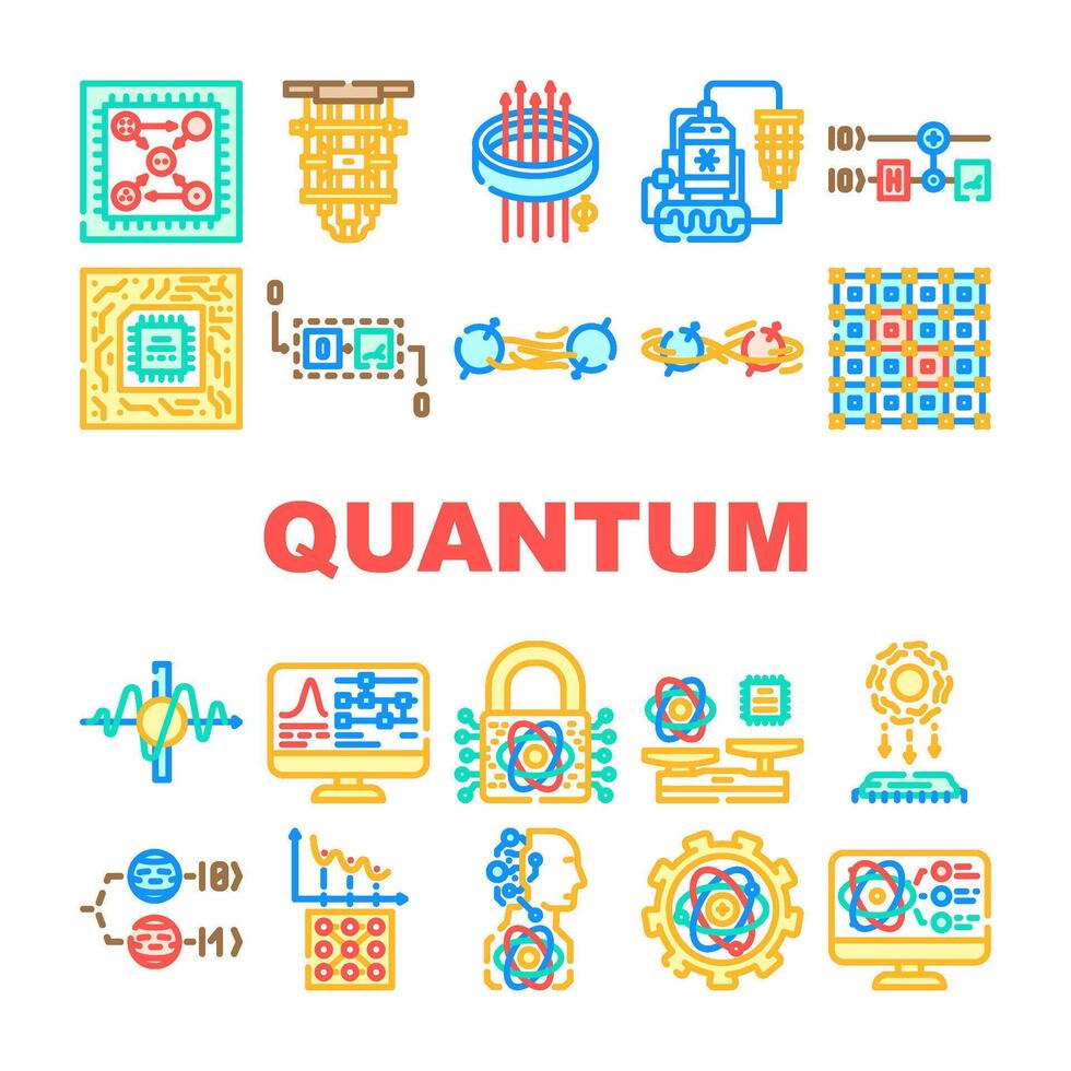 cuántico computadora qubit icono conjunto figura vector