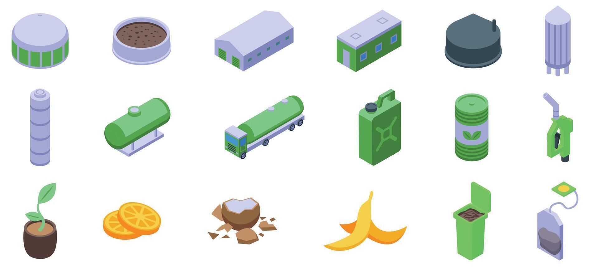 Isometric industrial icons in green and gray vector