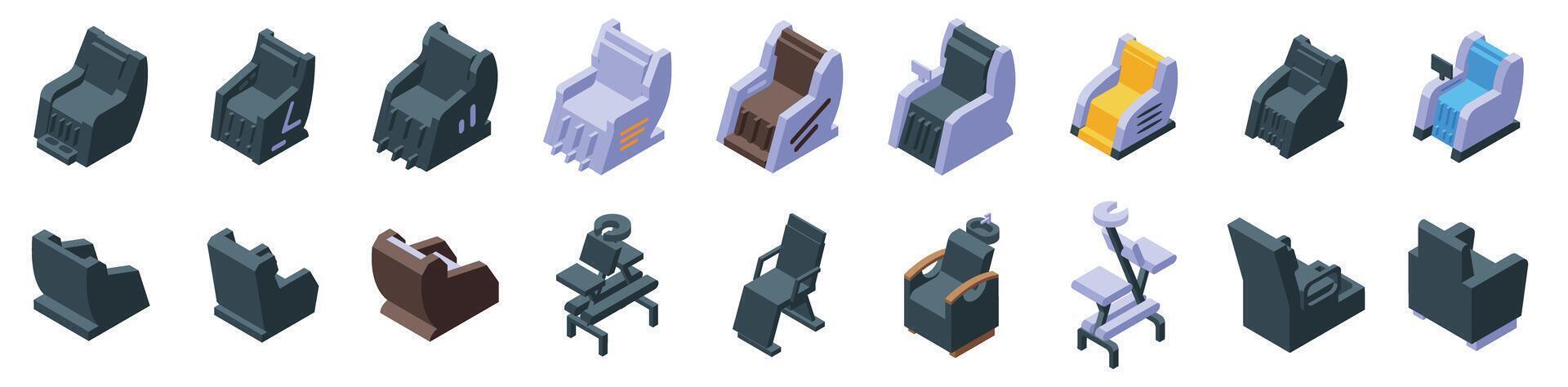 Massage chair icons set. Massage chairs offering relaxing experience in comfort and style vector