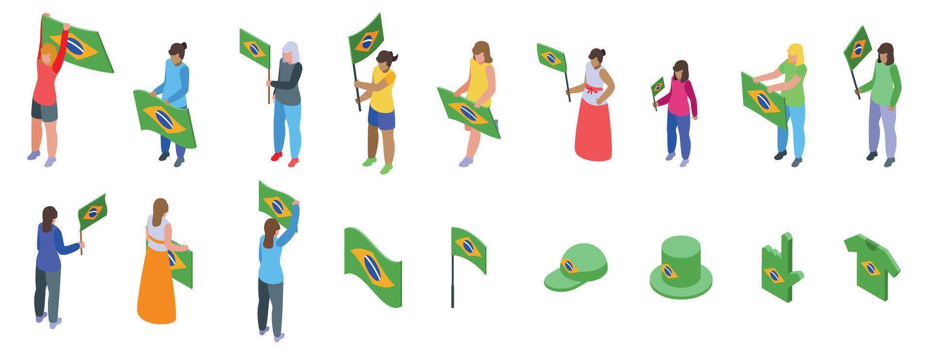Woman holding brazilian flag icons set. Brazilian people holding flags and wearing themed clothes and accessories celebrating national holiday vector