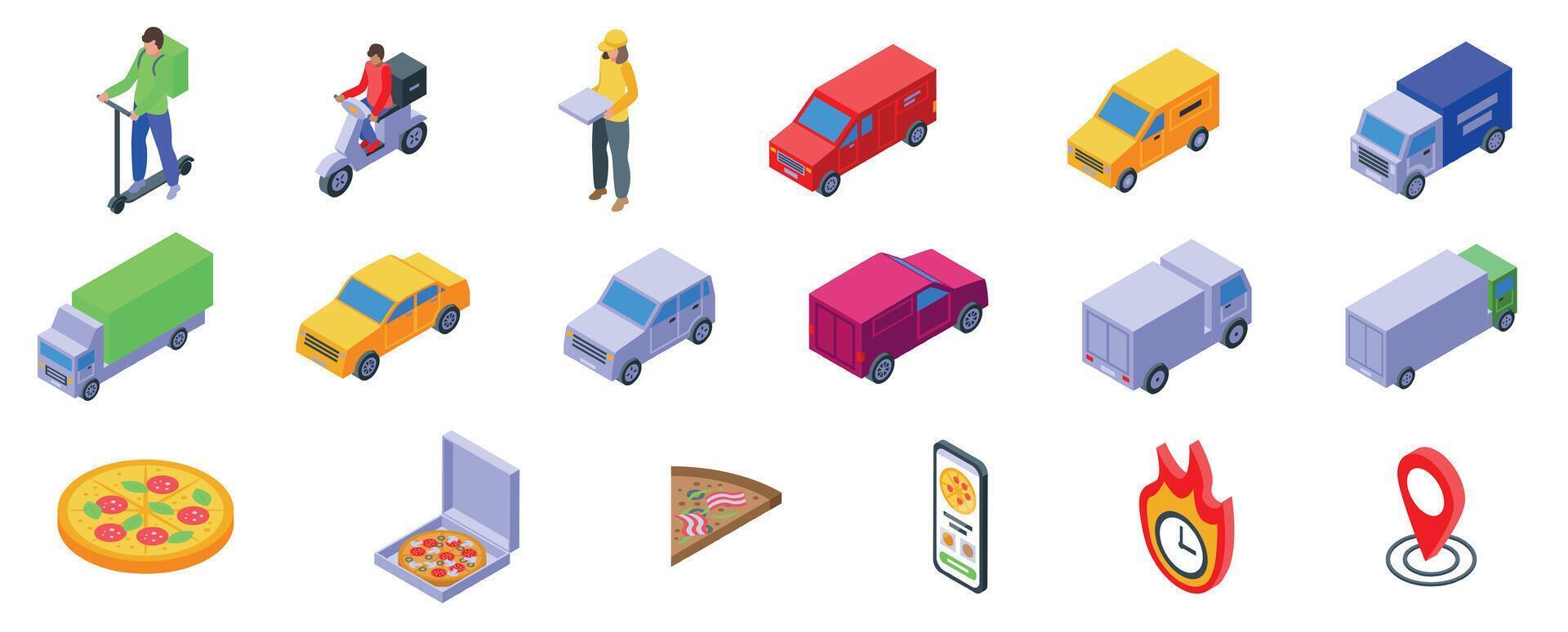 Icons of delivery vehicles and food vector