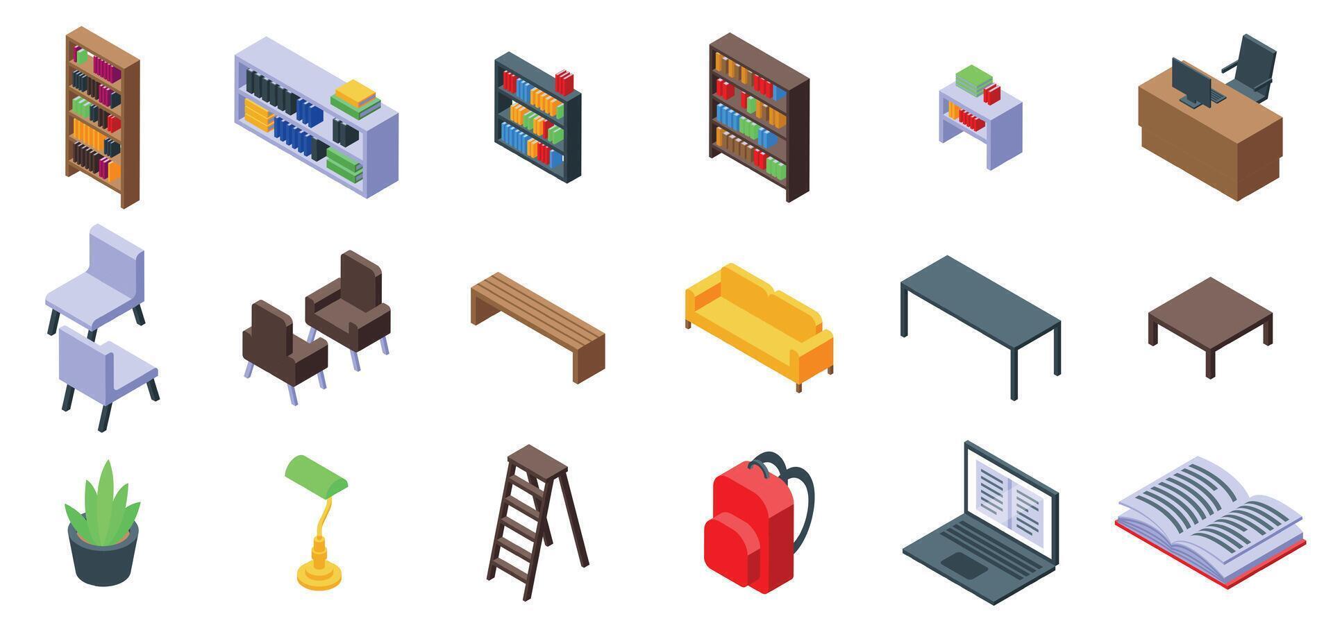 Library interior icons set. Library room furniture providing comfortable reading environment vector