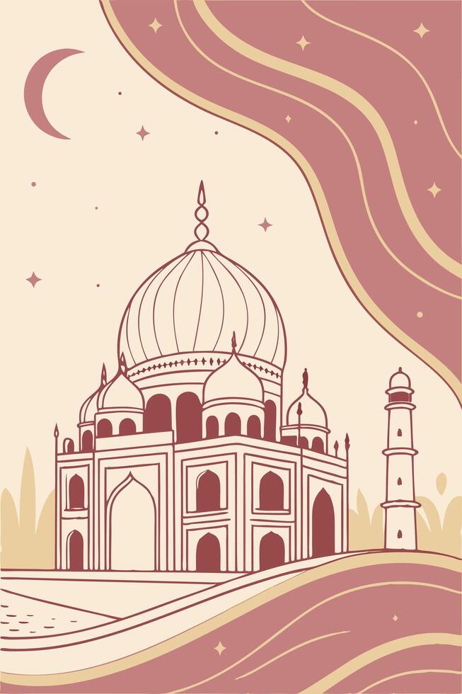 Hand-drawn line drawing of the Taj Mahal with a dreamy atmosphere. vector