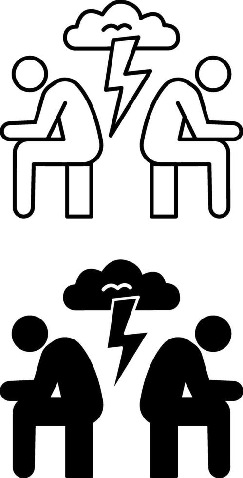 Conflict Icons. Black and White Illustrations. Clash of Oppositely Directed Goals, Interests, and Opinions. Two People Sitting Turned Away From Each Other, Thundercloud, Quarrel. Concept Psychology vector