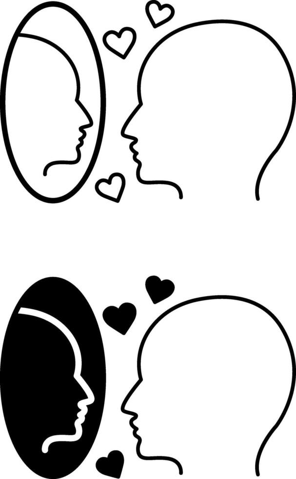 Ego Icons. Black and White Illustration. Man Admiring Himself In The Mirror. Self-Confidence, Narcissism, Mental Health. Concept Psychology vector