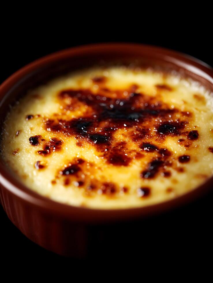 Close up of Creme brulee in a ramekin, caramelized sugar topping. photo