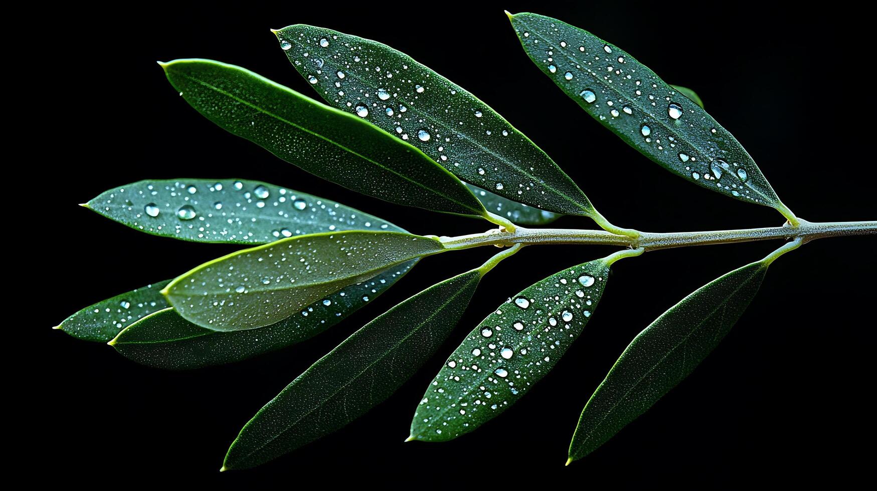 Close up of dew drops on green olive leaves against a dark background. photo
