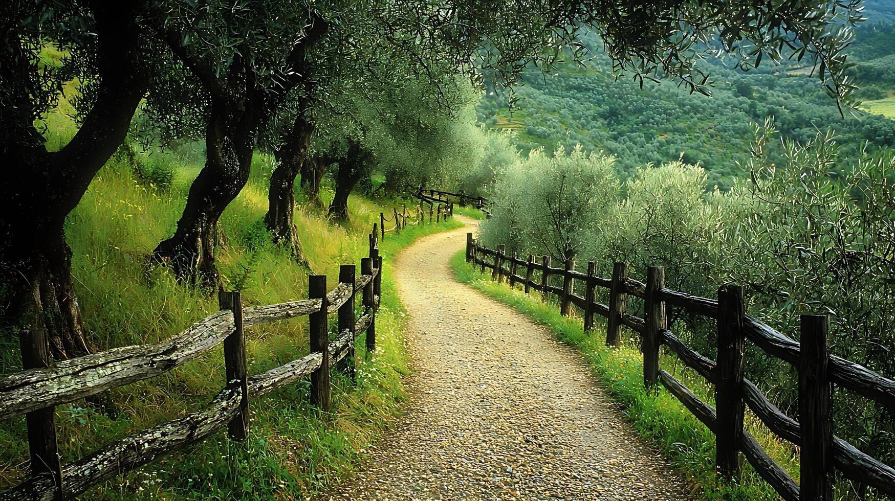 Winding dirt path through a sunlit olive grove with a rustic wooden fence. This serene landscape evokes tranquility and natural beauty. photo