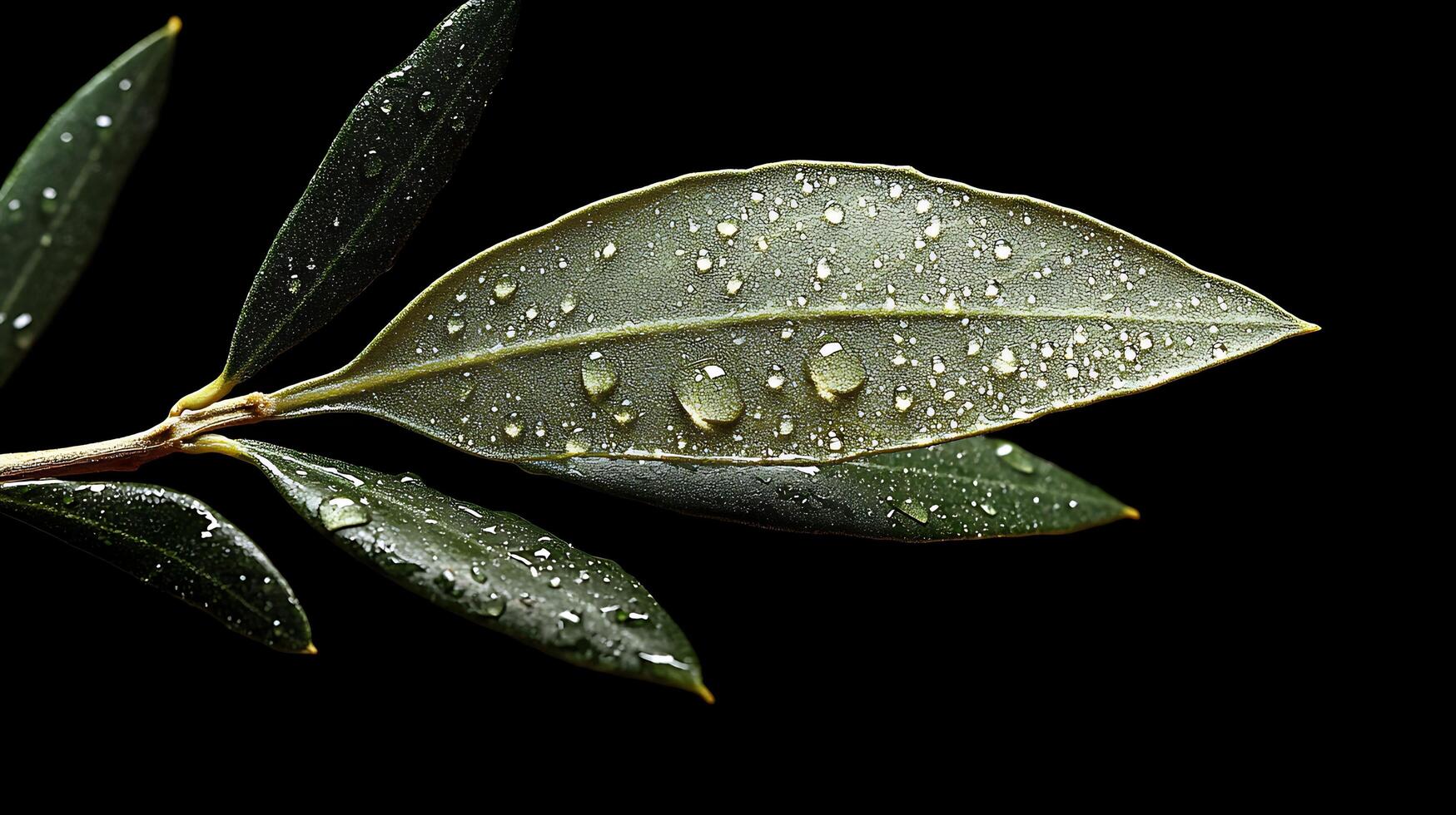Macro shot of dew drops on a dark green olive leaf branch against a black background. photo