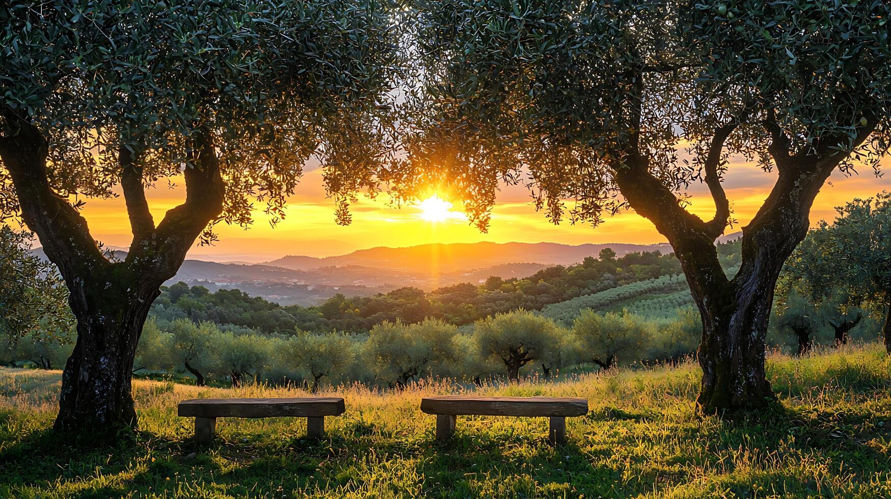 Serene Tuscan landscape at sunset framed by ancient olive trees with benches awaiting contemplation. photo