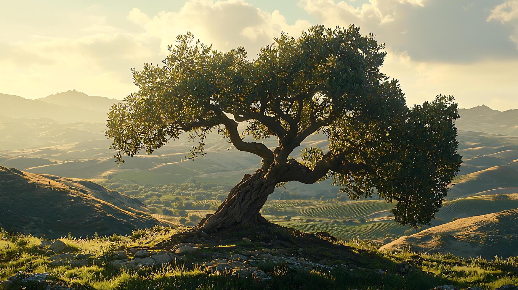 Ancient tree stands sentinel over rolling hills at golden hour. This majestic tree offers a sense of timeless beauty and tranquility in a vast landscape. photo
