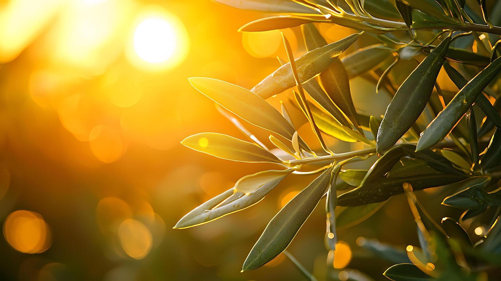 Golden hour sunlight illuminates delicate olive leaves with a soft bokeh background. photo
