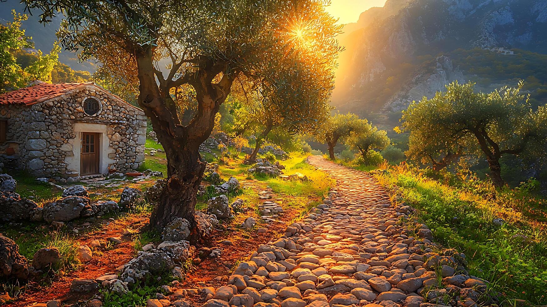 Rustic stone cottage nestled in a sun-drenched olive grove. A cobblestone path leads past the ancient structure towards rolling hills bathed in golden hour light. photo
