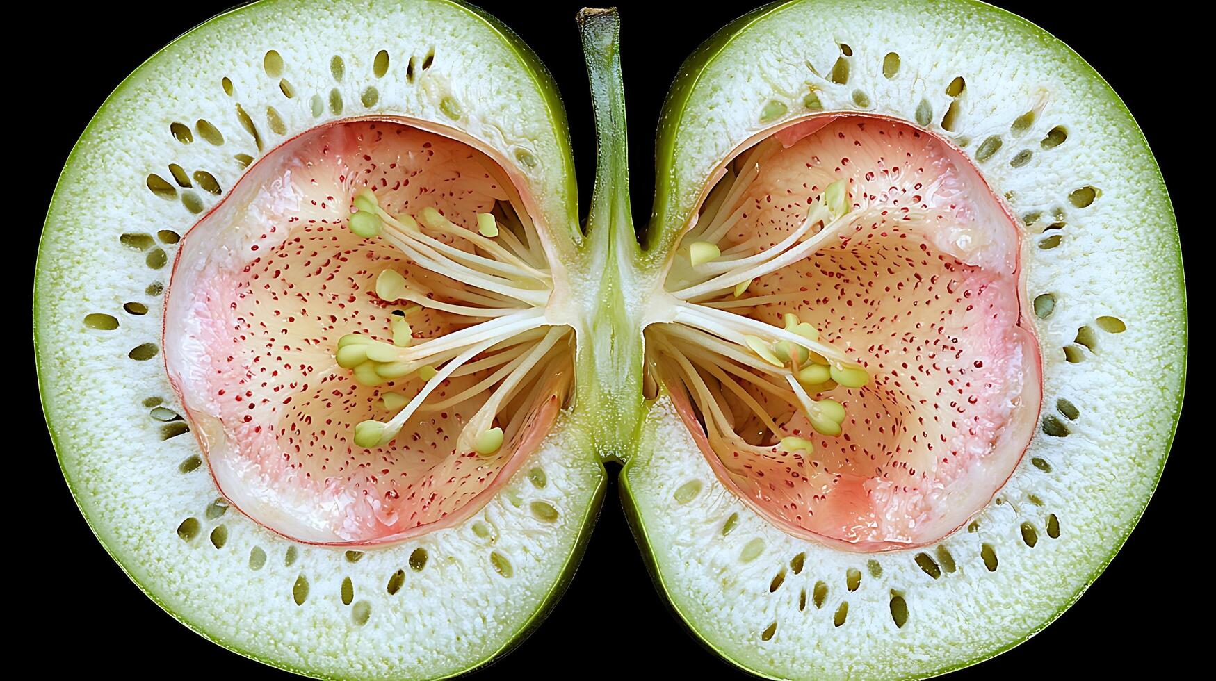 Macro shot of a halved citrus fruit revealing intricate segments and seeds. This image showcases the vibrant interior of a green fruit against a dark background, highlighting its natural textures. photo