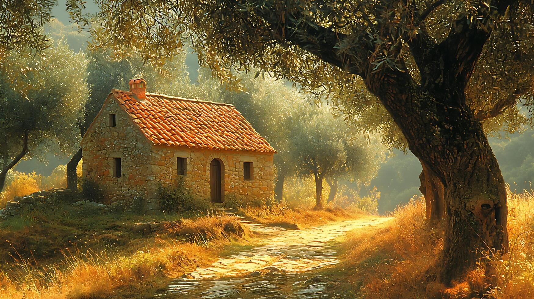 Rustic stone cottage nestled among ancient olive trees under warm golden sunlight. photo