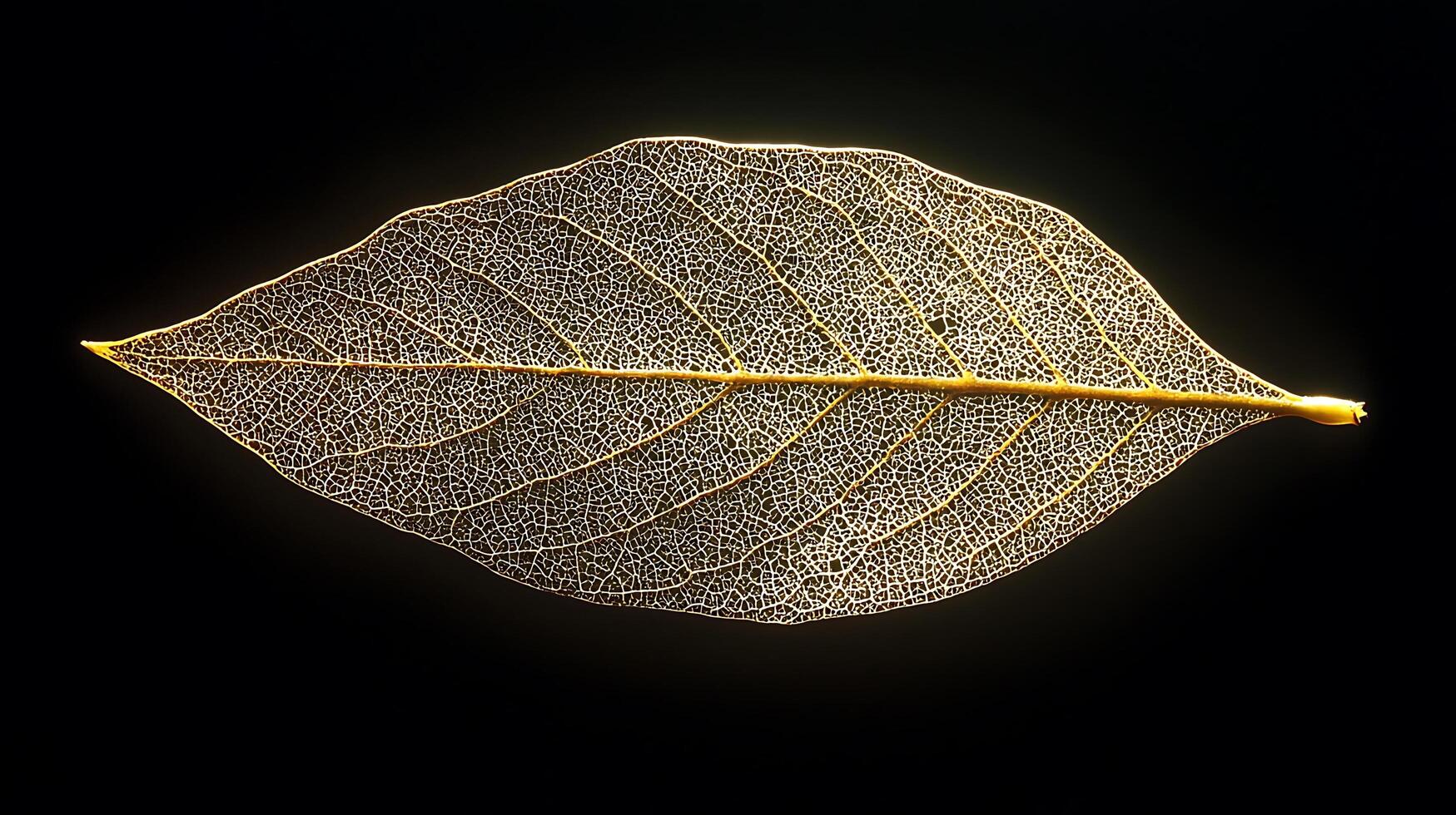 Delicate Skeletonized Leaf Illuminated Against a Stark Black Background. photo